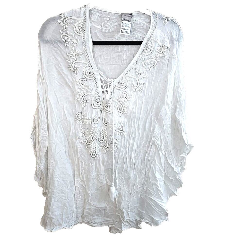 Chico's White V-Neck Sequin Beaded Tassel Flowy Beach Tunic Top Womans Size S/M